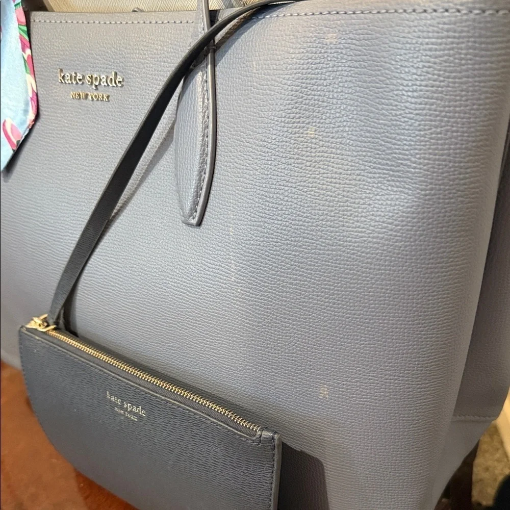 Kate Spade Gray Tote with Floral Scarf and Pouch designer purse wristlet